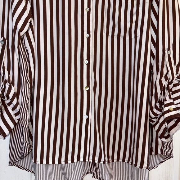 Jane and Delancey Brown and White Striped Button-Down Shirt - Picture 4 of 13